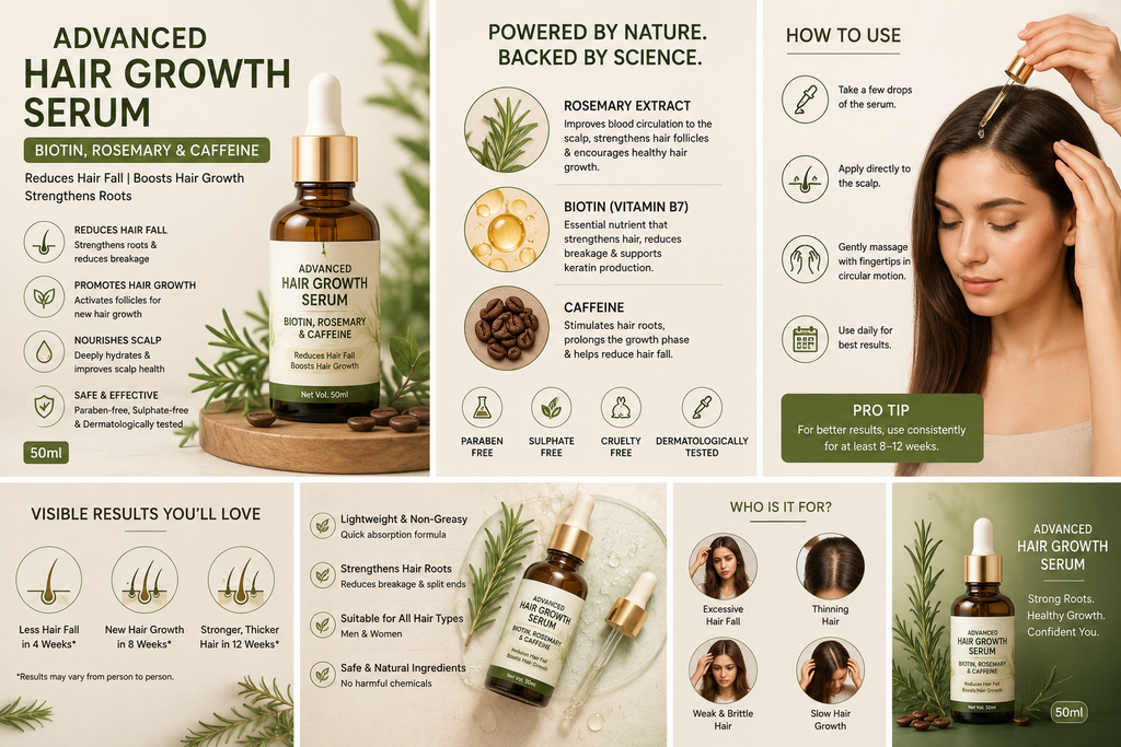 Advanced Hair Growth Serum | Biotin, Rosemary & Caffeine | Reduces Hair Fall | 50ml