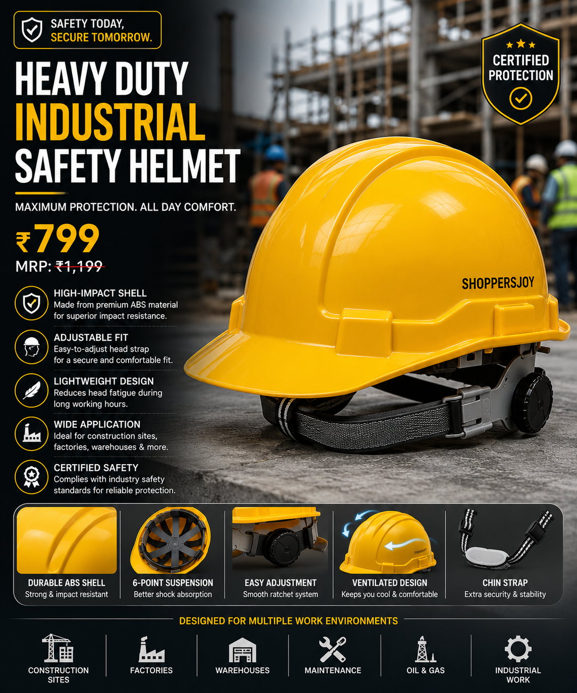Industrial Safety Helmet | ISI Certified | High-Impact ABS Construction | Adjustable Safety Head Protection