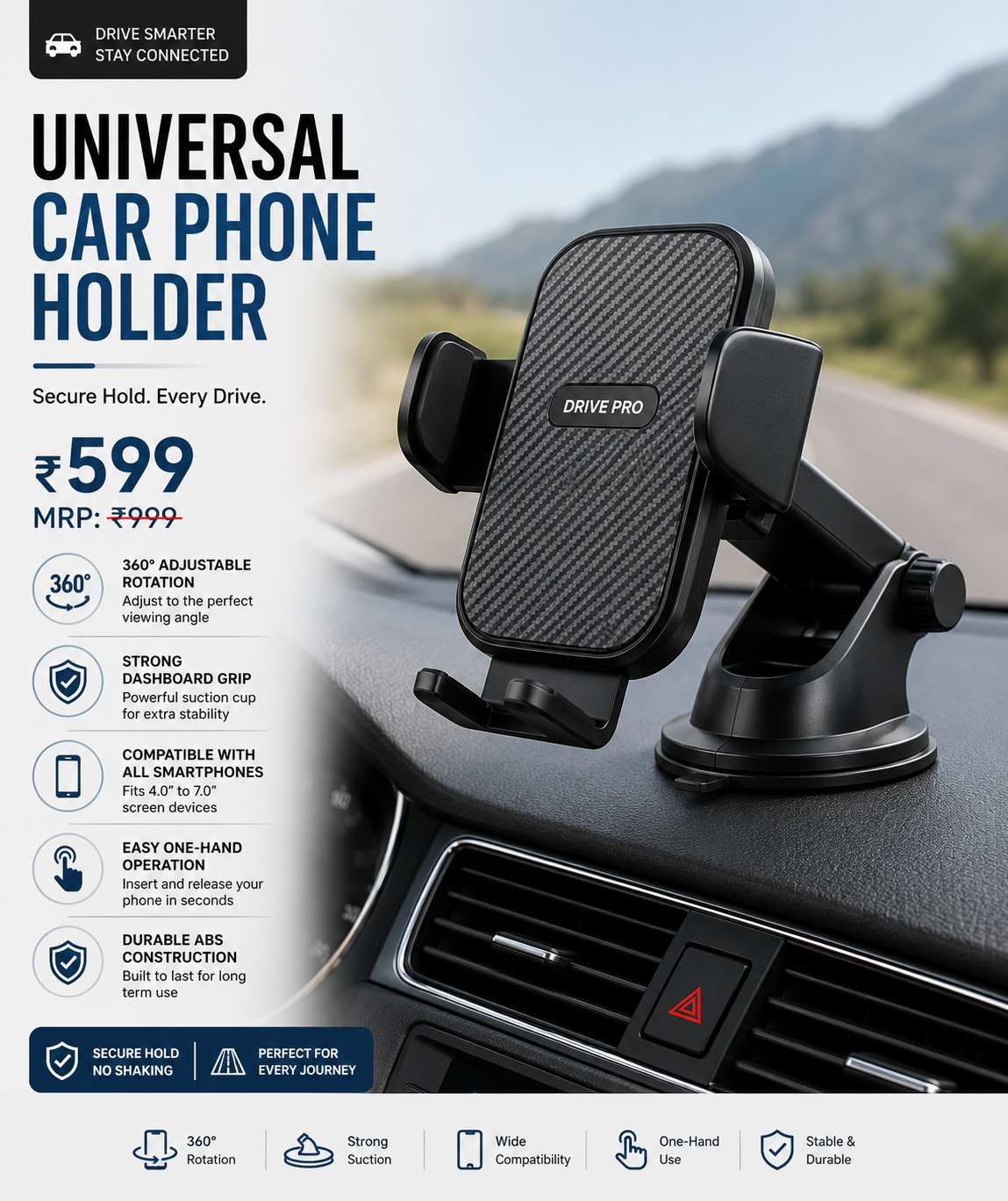 Universal Car Phone Holder | 360° Rotatable Dashboard & Air Vent Mount | One-Hand Operation
