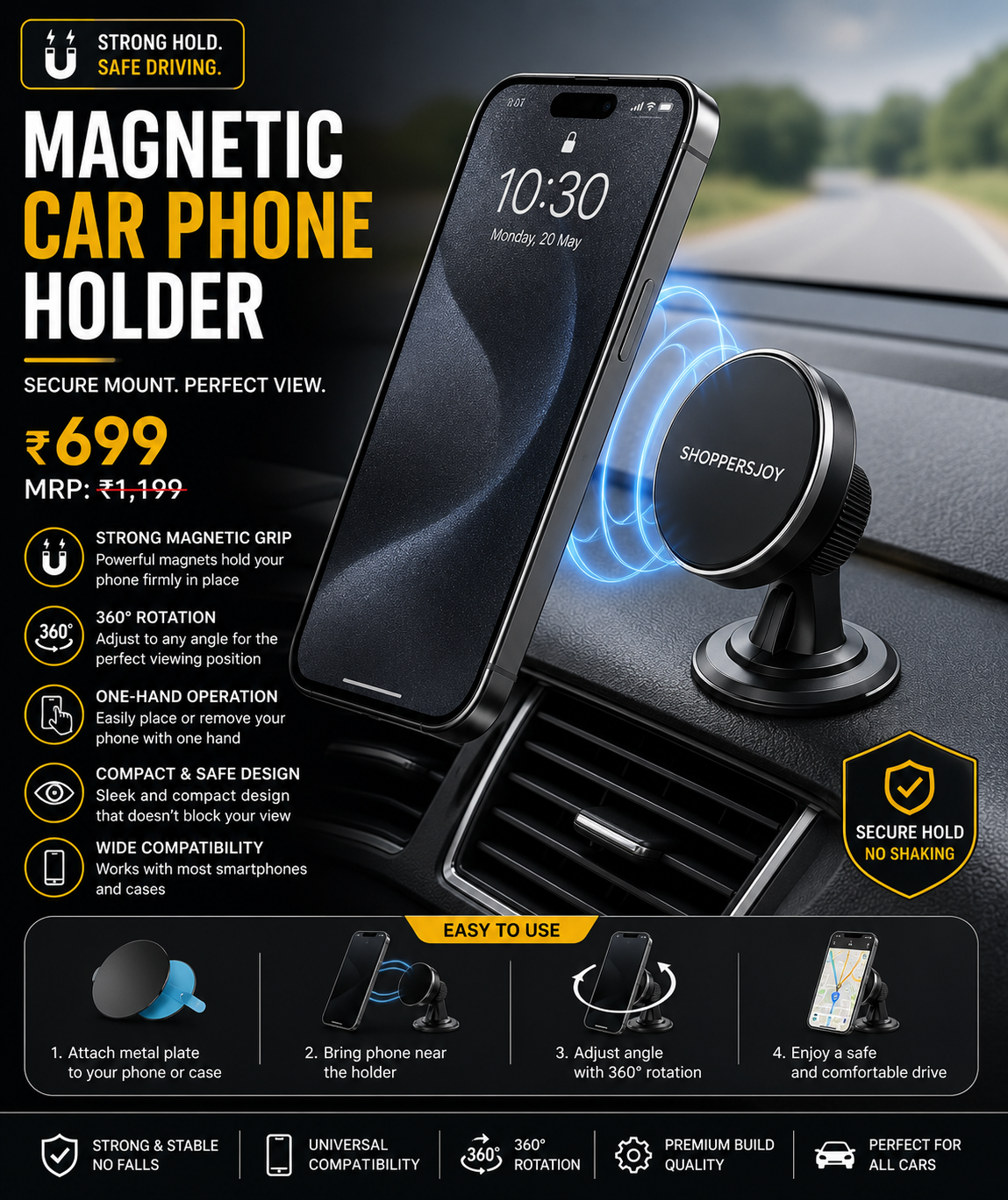 Magnetic Car Phone Holder | 360° Rotating Dashboard Mount | Strong N52 Magnets | Universal Smartphone Compatibility