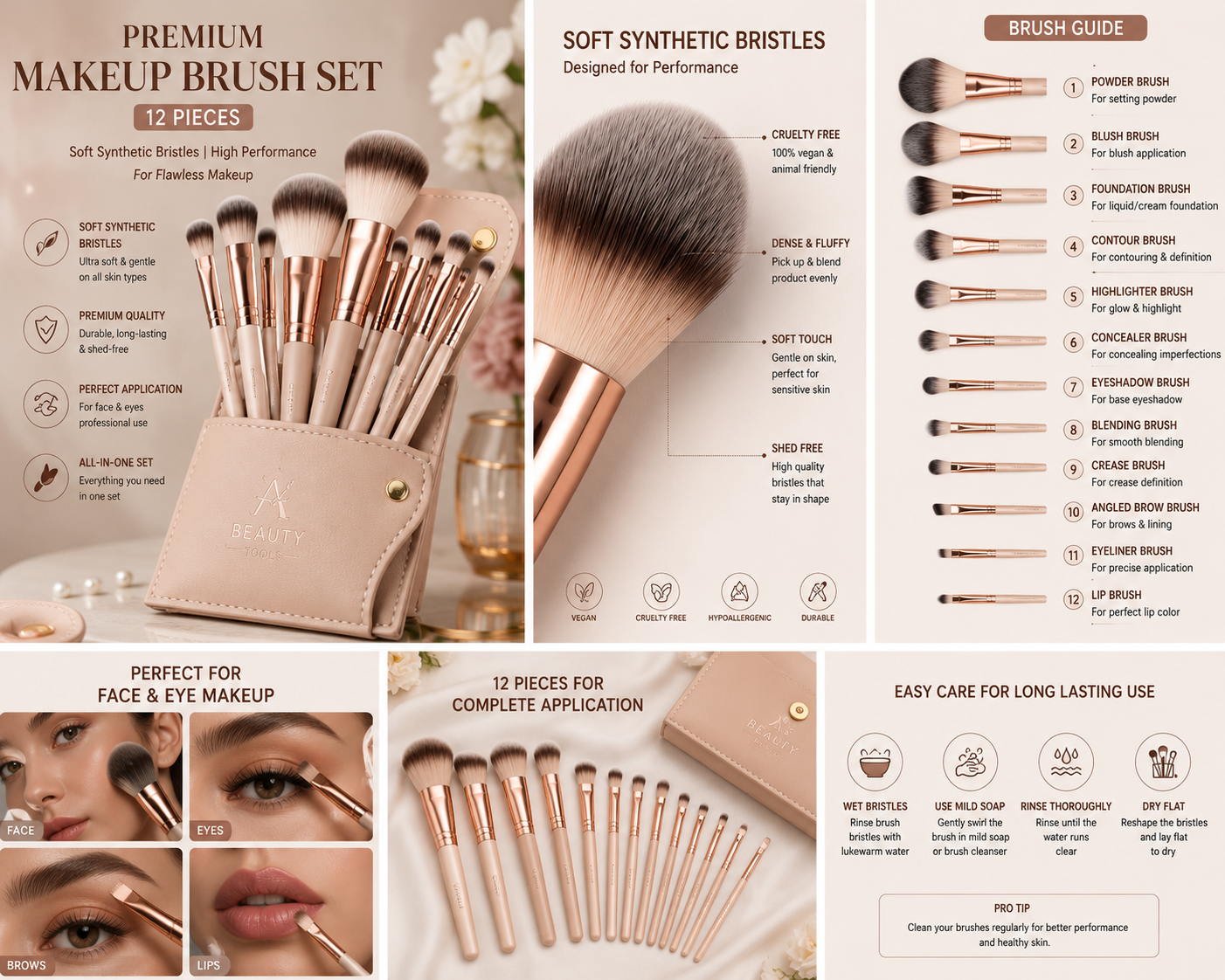 Premium Makeup Brush Set (12 Pieces) | Soft Synthetic Bristles | Professional Face & Eye Makeup Brushes