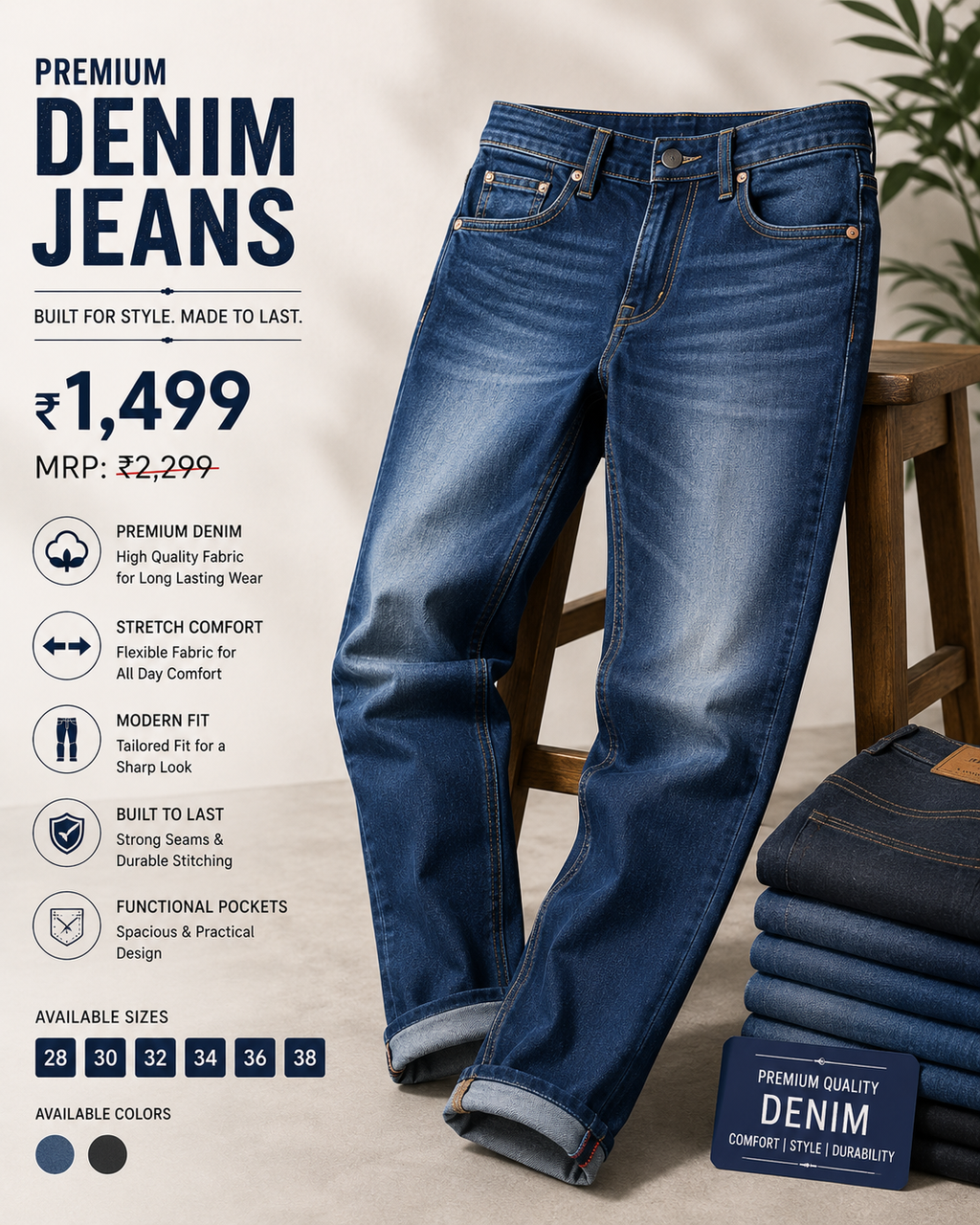 Premium Men's Slim Fit Denim Jeans | Stretchable Cotton Blend | Mid-Rise | Casual Wear