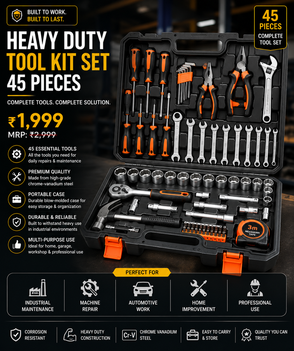 Heavy Duty Tool Kit Set (45 Pieces) | Professional Repair Tool Set | Chrome Vanadium Steel | Portable Storage Case
