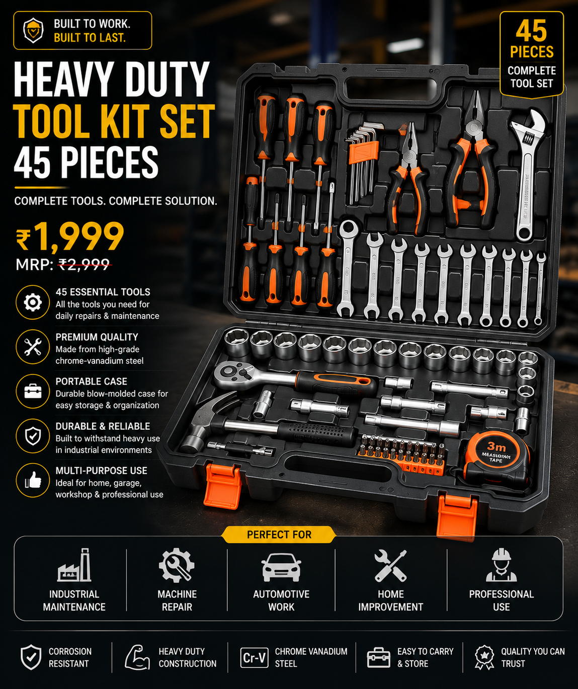 Heavy Duty Tool Kit Set (45 Pieces) | Professional Repair Tool Set | Chrome Vanadium Steel | Portable Storage Case