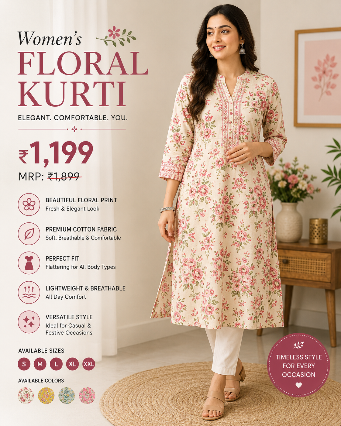 Women's Floral Printed Kurti | Soft Rayon Fabric | Straight Fit | Casual & Festive Wear