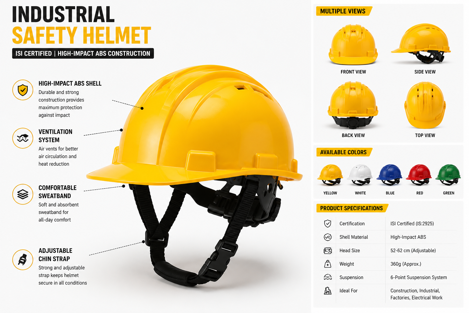 Industrial Safety Helmet | ISI Certified | High-Impact ABS Construction | Adjustable Safety Head Protection