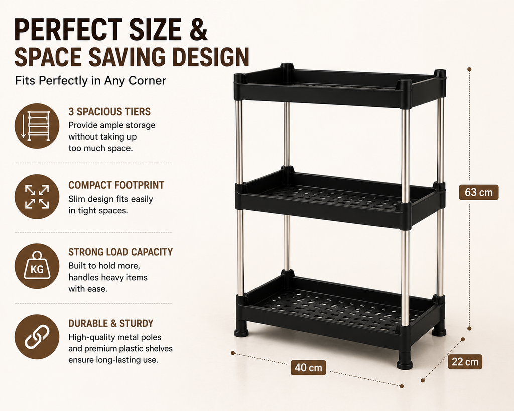 3-Tier Multipurpose Kitchen Storage Rack | Space Saving Organizer | Durable Metal & Plastic Shelves