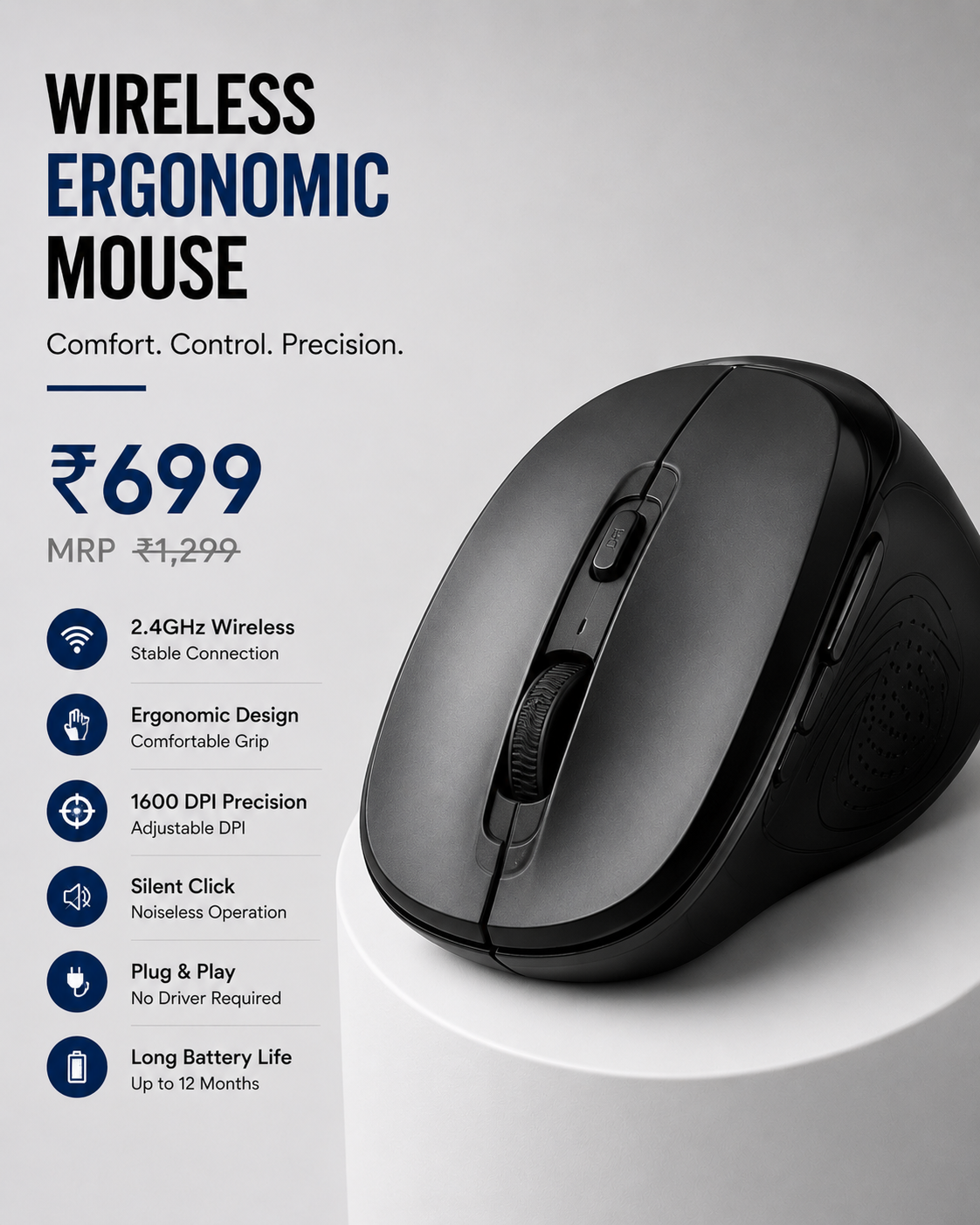 Wireless Ergonomic Mouse for Laptop & PC | 2.4GHz USB Receiver | Silent Click | Adjustable DPI