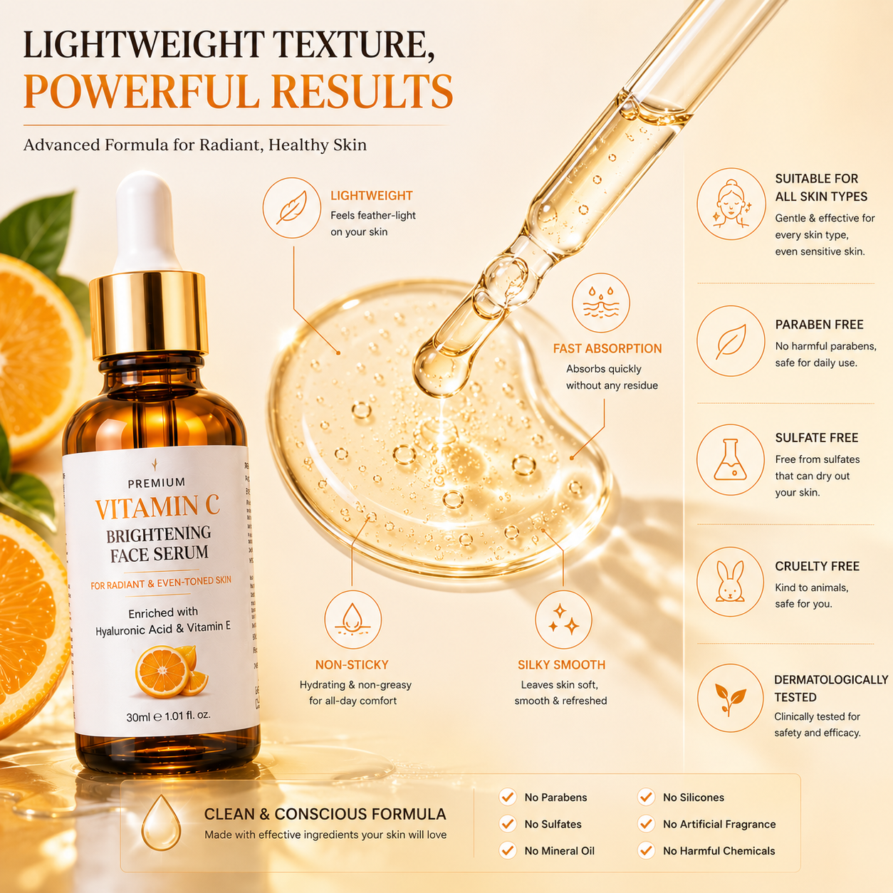 Vitamin C Brightening Face Serum | 30ml | Hyaluronic Acid & Vitamin E | For Radiant & Even-Toned Skin