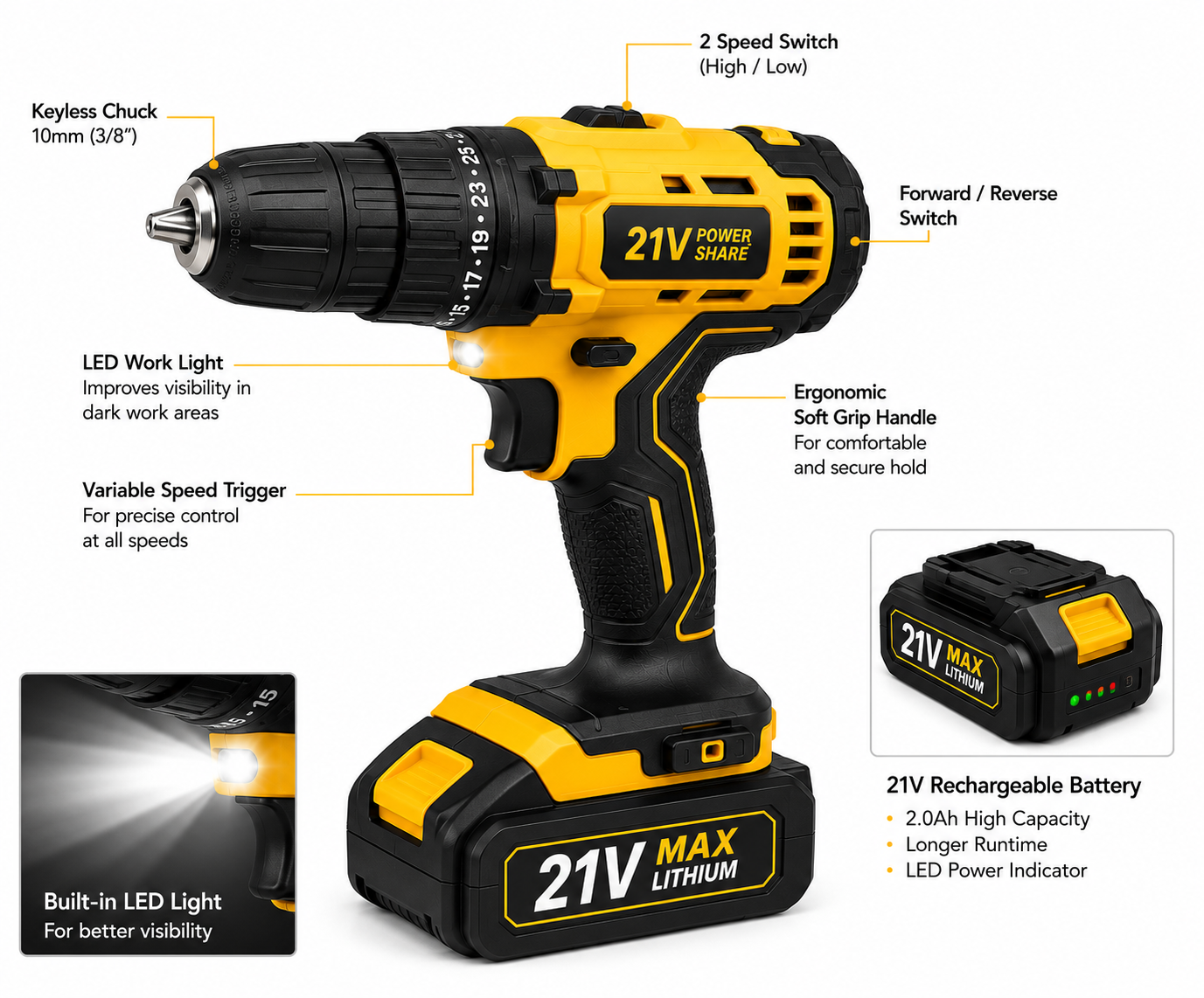 Electric Cordless Drill Machine | 21V Rechargeable | Variable Speed | LED Light | 2 Batteries | Professional Power Drill Kit
