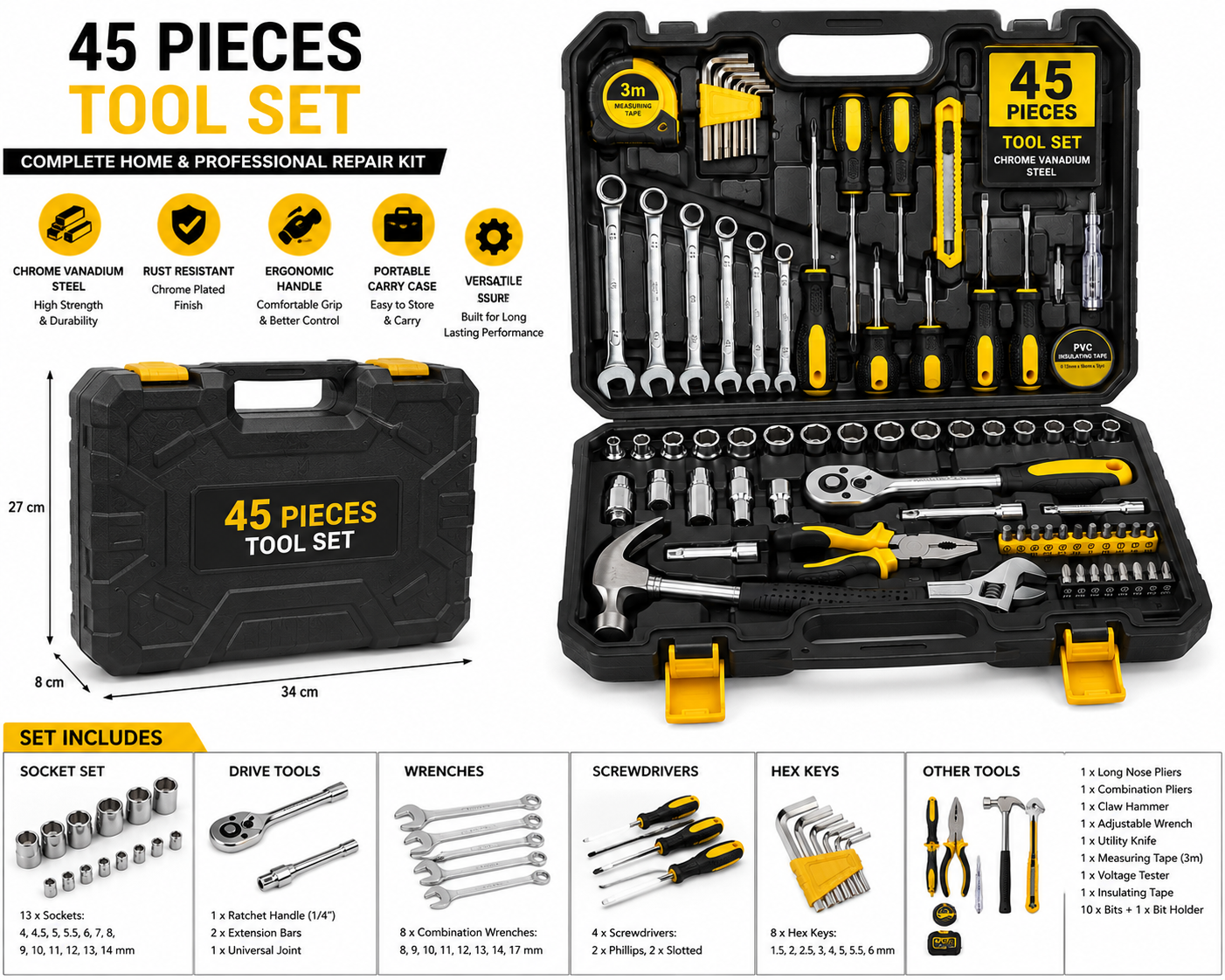 Heavy Duty Tool Kit Set (45 Pieces) | Professional Repair Tool Set | Chrome Vanadium Steel | Portable Storage Case