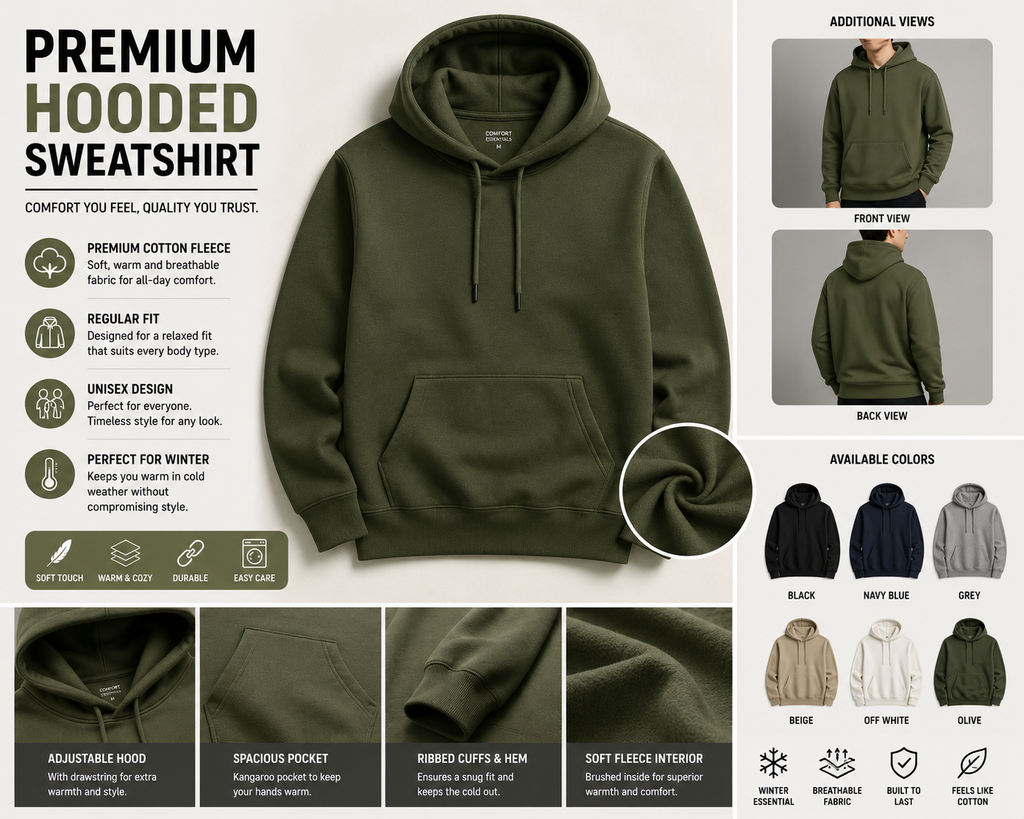 Premium Hooded Sweatshirt | Cotton Fleece Hoodie | Regular Fit | Unisex | Winter Wear