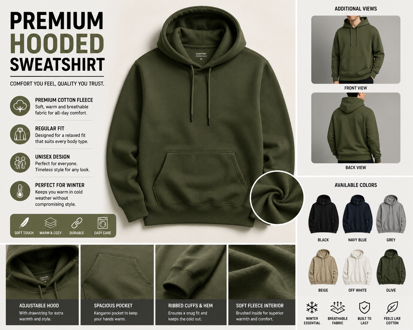 Premium Hooded Sweatshirt | Cotton Fleece Hoodie | Regular Fit | Unisex | Winter Wear