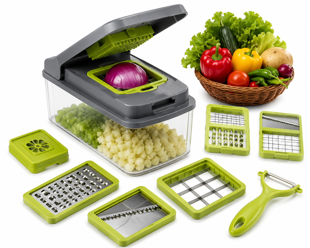 Stainless Steel Vegetable Cutter Set | Multi-Blade Kitchen Slicer | Manual Food Chopper with Container