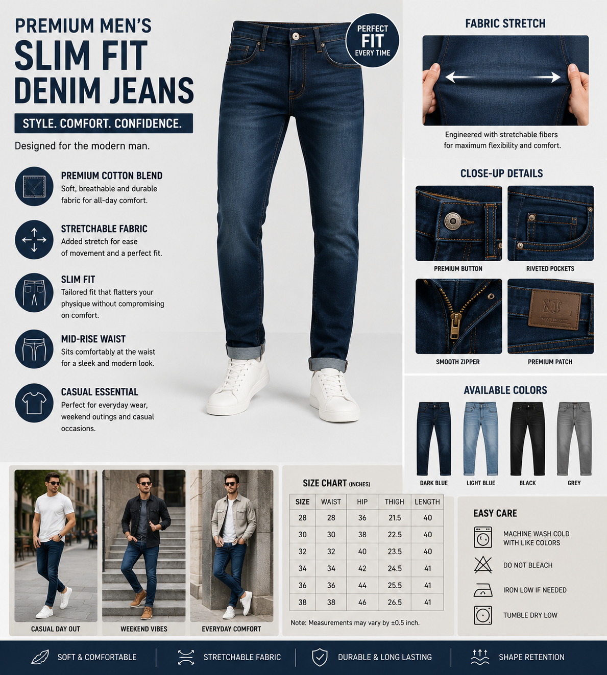 Premium Men's Slim Fit Denim Jeans | Stretchable Cotton Blend | Mid-Rise | Casual Wear