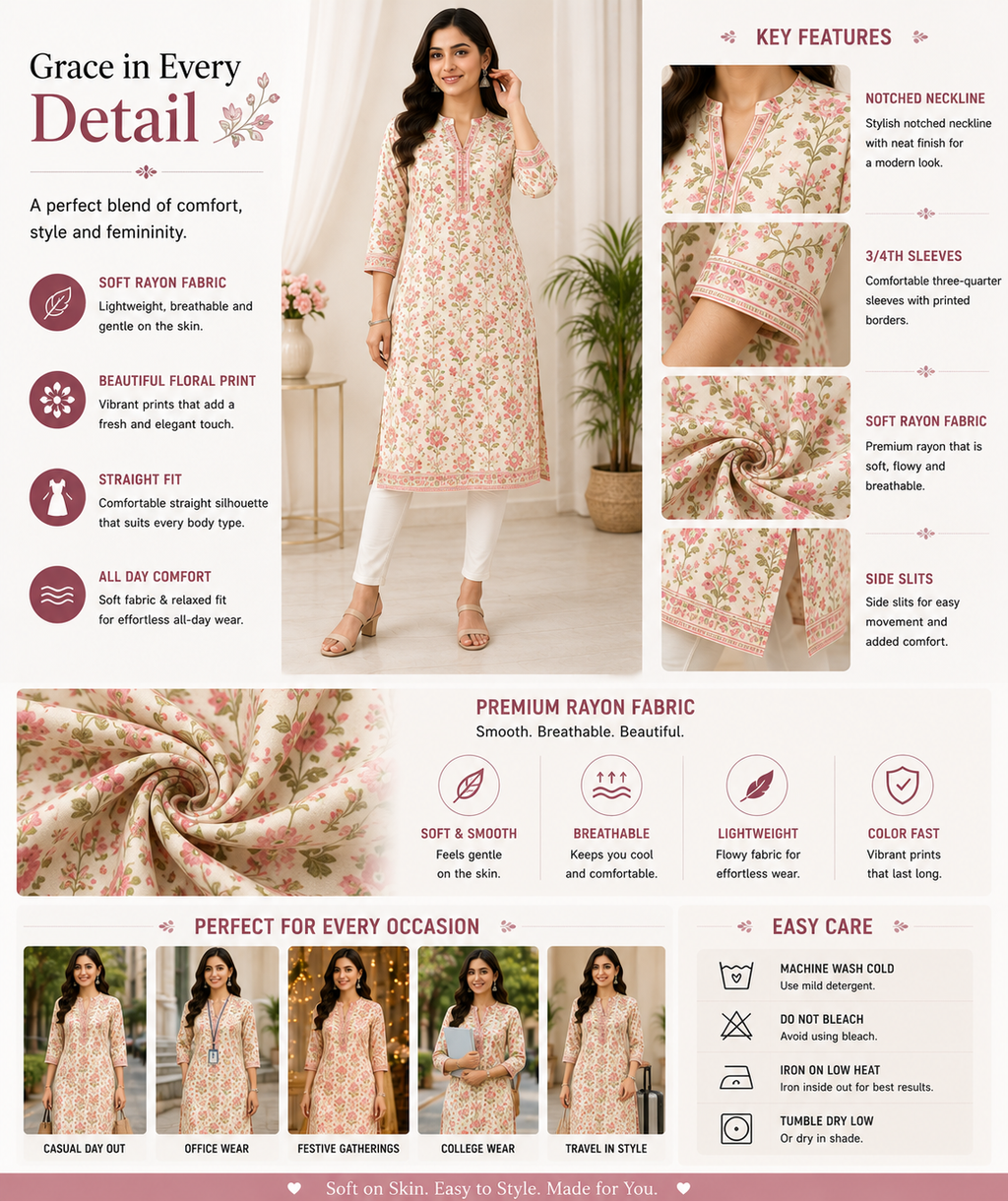 Women's Floral Printed Kurti | Soft Rayon Fabric | Straight Fit | Casual & Festive Wear