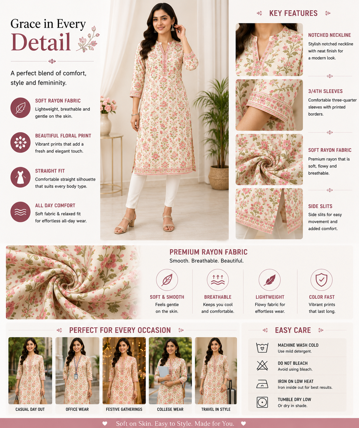 Women's Floral Printed Kurti | Soft Rayon Fabric | Straight Fit | Casual & Festive Wear