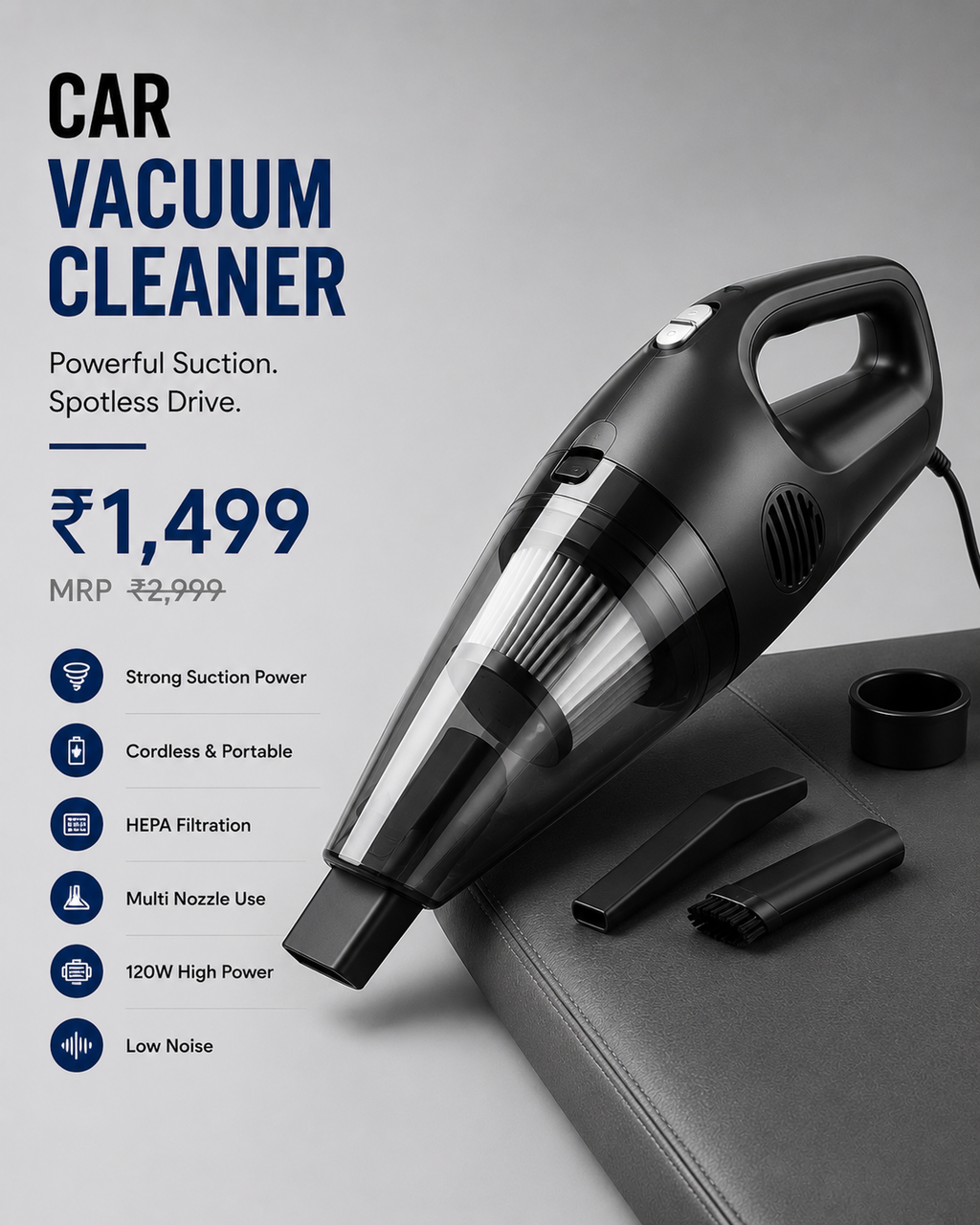 Portable Car Vacuum Cleaner | 120W High Suction | Cordless Handheld Vacuum | USB Rechargeable