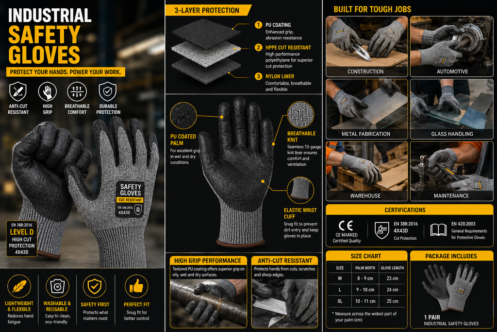 Industrial Safety Gloves | Anti-Cut Resistant | High Grip | Breathable Protective Work Gloves