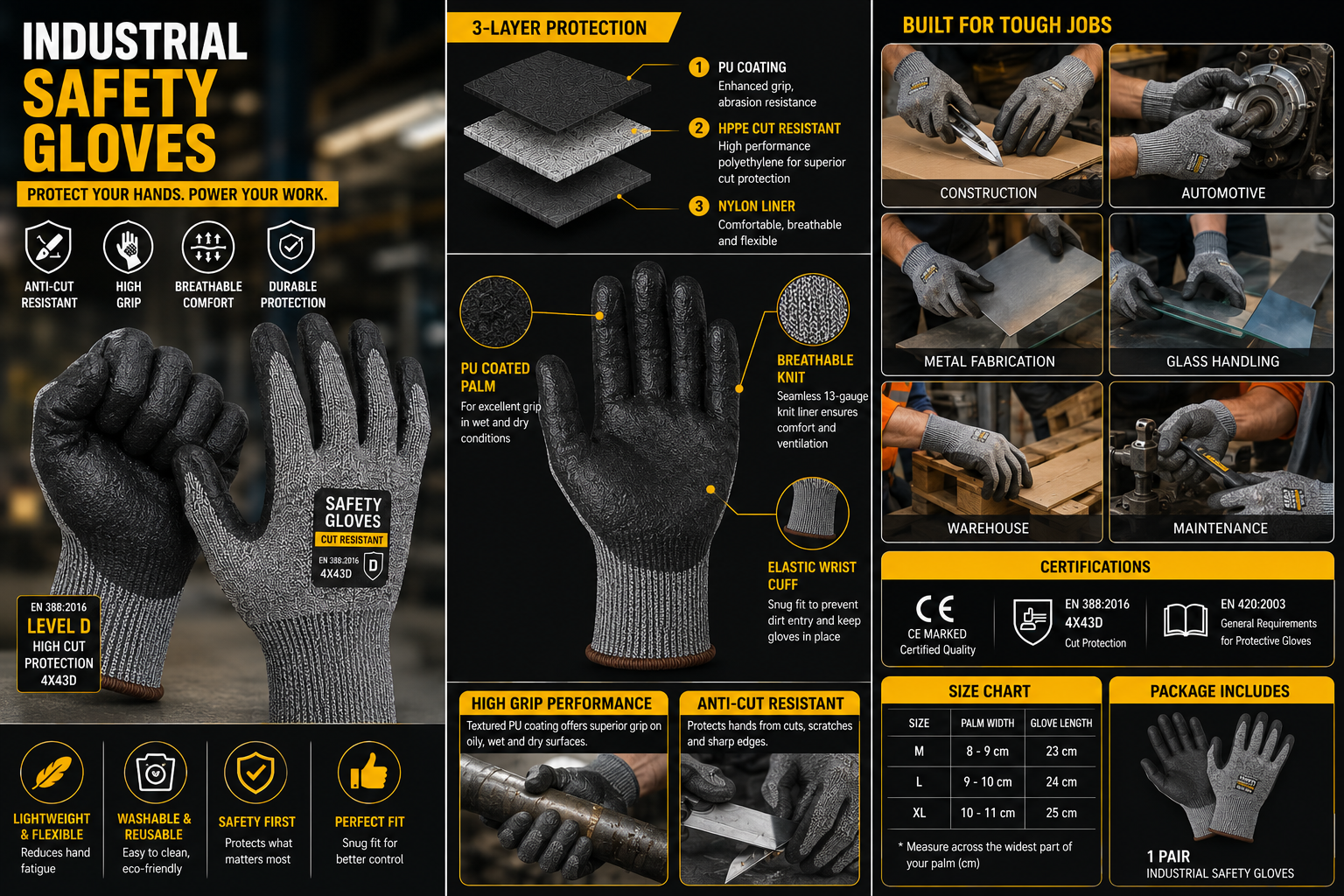 Industrial Safety Gloves | Anti-Cut Resistant | High Grip | Breathable Protective Work Gloves