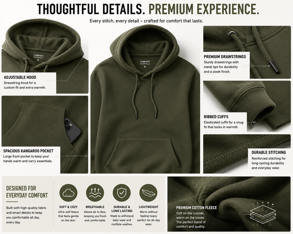 Premium Hooded Sweatshirt | Cotton Fleece Hoodie | Regular Fit | Unisex | Winter Wear