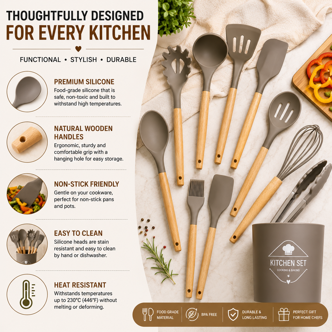 Premium Silicone Kitchen Utensil Set (12 Pieces) | Heat Resistant | Non-Stick Cooking Tools with Wooden Handles