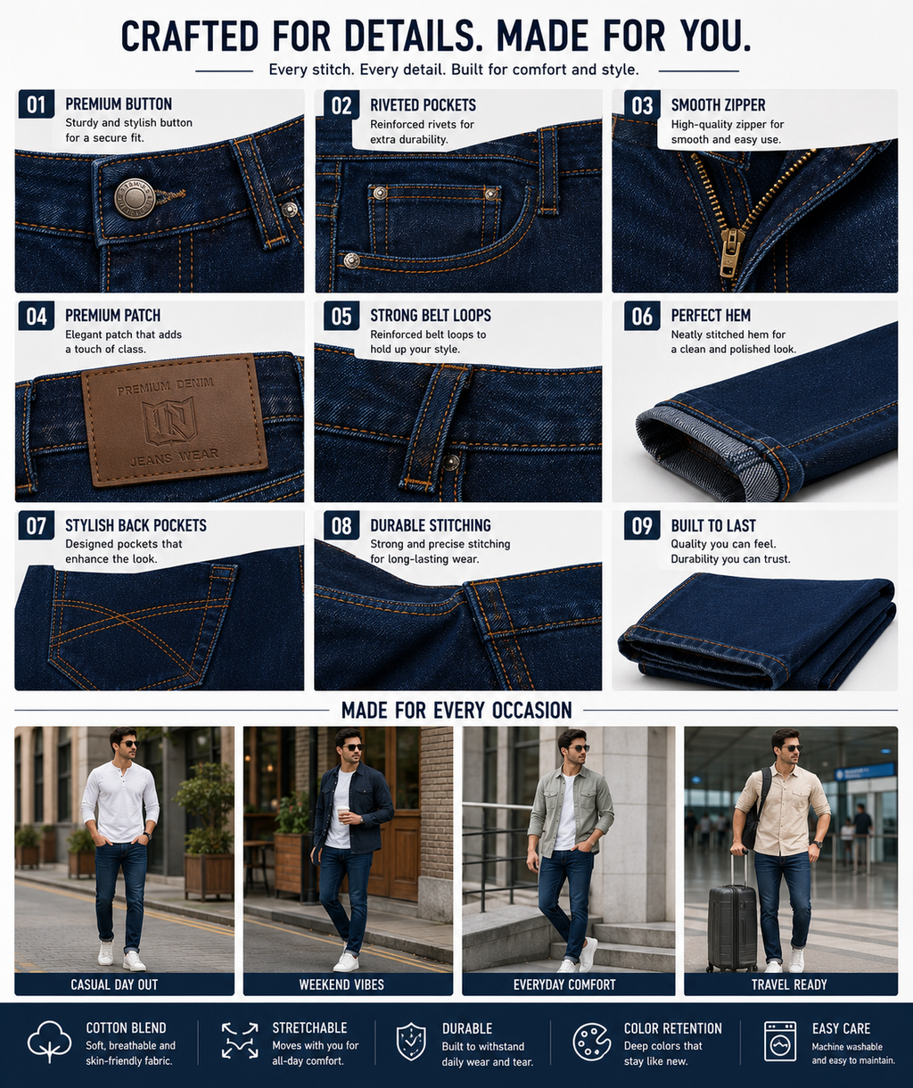 Premium Men's Slim Fit Denim Jeans | Stretchable Cotton Blend | Mid-Rise | Casual Wear