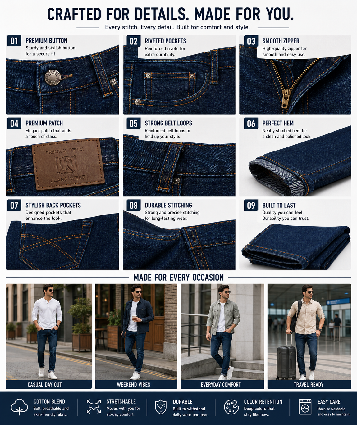 Premium Men's Slim Fit Denim Jeans | Stretchable Cotton Blend | Mid-Rise | Casual Wear